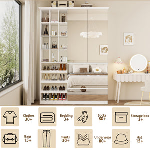 Mirrored Wardrobe Closet with Shoe Cabinet & 3 Drawers