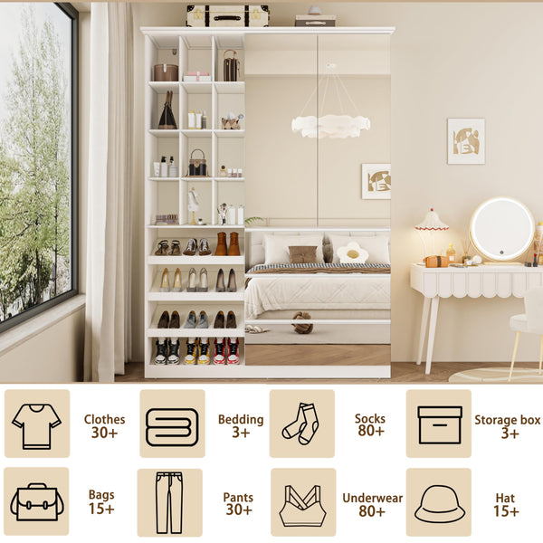 Mirrored Wardrobe Closet with Shoe Cabinet & 3 Drawers
