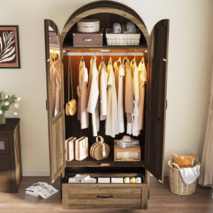 2-Door Arched Armoire Wardrobe with Mirror, Lights & Drawers