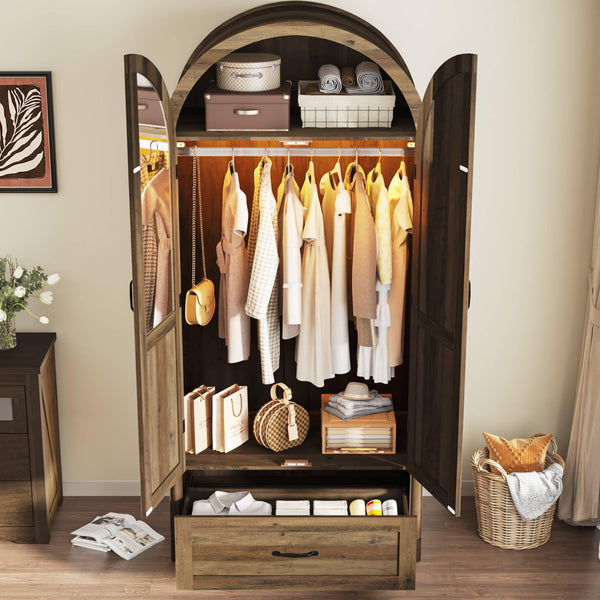 2-Door Arched Armoire Wardrobe with Mirror, Lights & Drawers