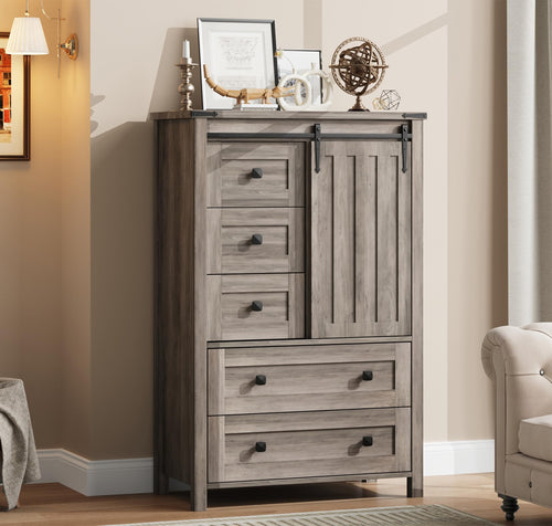 Farmhouse 5-Drawer Dresser with Sliding Barn Door