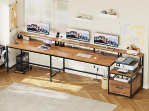 L-Shaped Corner Office Desk 66 Inch with File Drawer, LED Lights & Monitor Shelf