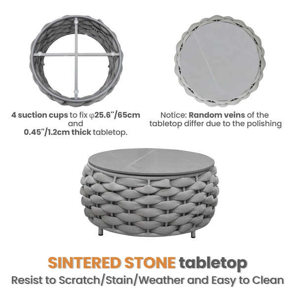 Round Woven Rope Outdoor Coffee Table with Sintered Stone Top