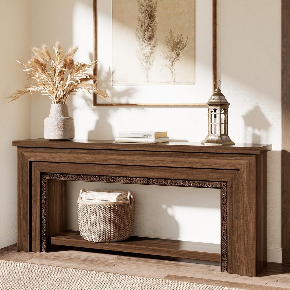 Wood Console Table with Double-Layer Open Storage — Rustic Brown