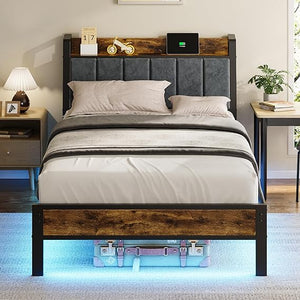 LED Platform Bed Frame with Storage Headboard & Charging Station