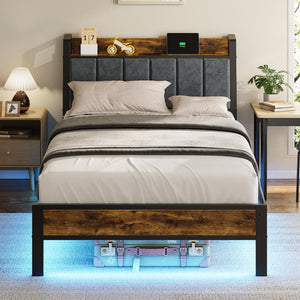 LED Platform Bed Frame with Storage Headboard & Charging Station