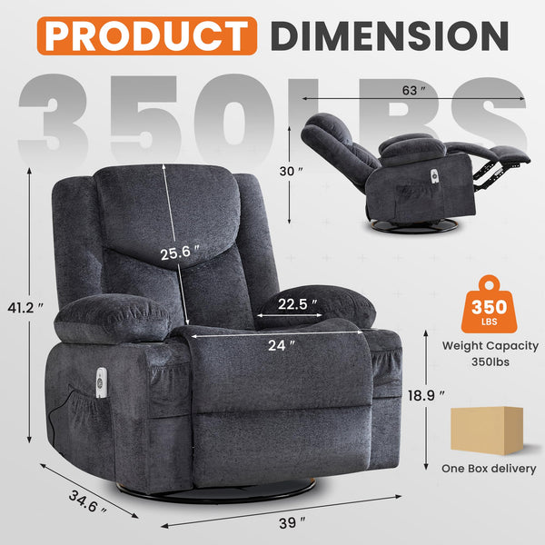Oversized Swivel Rocker Recliner Chair with Massage & Heat