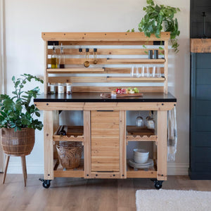 Cedar Wood Buffet Hutch Serving Station with Wine Rack & Steel Countertop