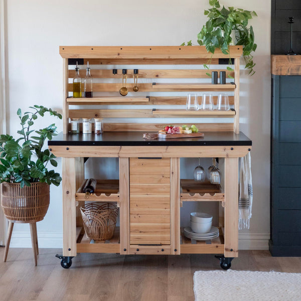 Cedar Wood Buffet Hutch Serving Station with Wine Rack & Steel Countertop