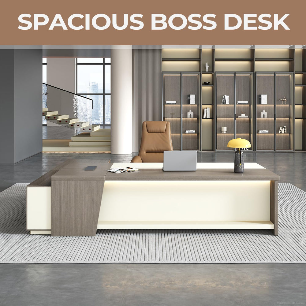 79" L-Shaped Executive Desk with Storage, Power Outlets & Lockable Drawer