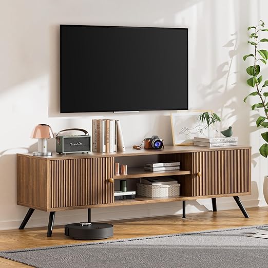 Mid-Century Modern TV Stand with Fluted Door Cabinets
