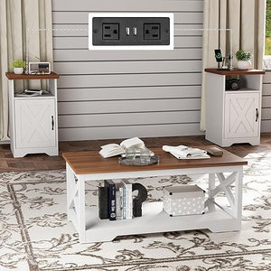 Farmhouse Rustic Coffee & End Table Set of 3 with Charging Station
