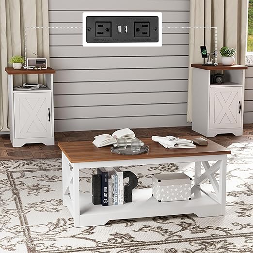 Farmhouse Rustic Coffee & End Table Set of 3 with Charging Station