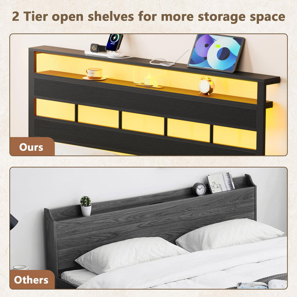 Platform Bed Frame with LED Lights & Charging Station