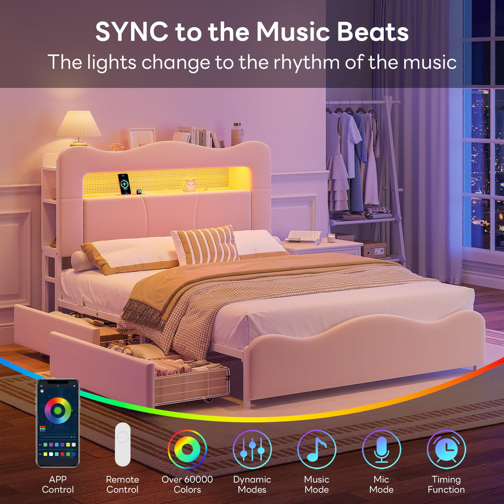 Full Upholstered LED Storage Bed with Charging Station