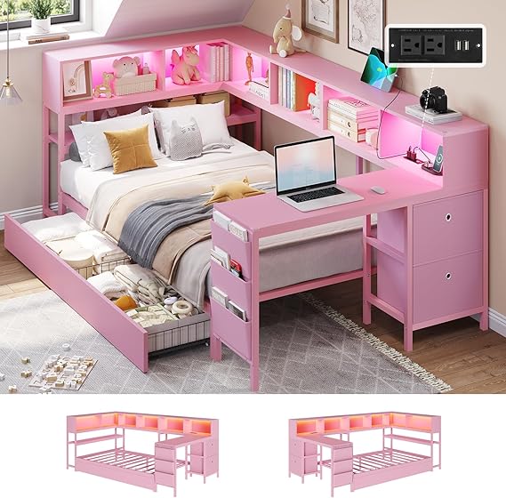 Twin Corner Bed Frame with Desk & Storage