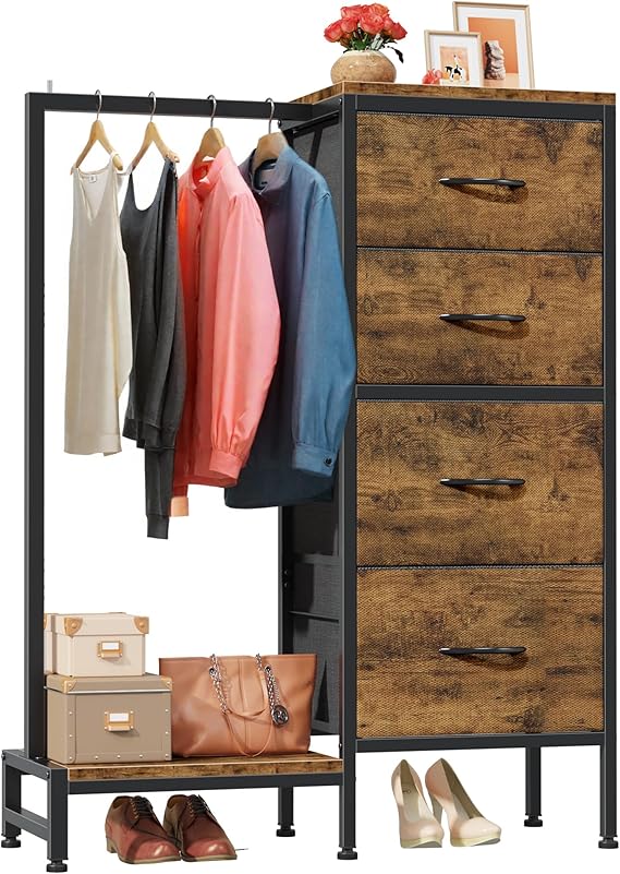 Tall Dresser with Hanging Rack & 4 Drawers