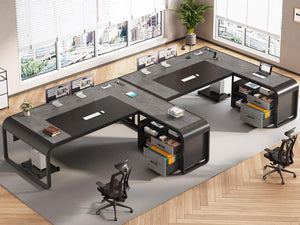 61 Inch L-Shaped Executive Desk with File Drawer, Power Outlets & CPU Stand