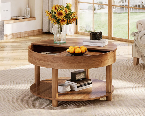 Round Coffee Table with 2-Tier Rotating Storage, 30.63"
