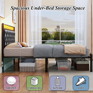 Queen Bed Frame with LED Lights, Charging Station & Upholstered Headboard