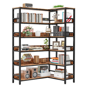 6-Tier L-Shaped Corner Bookshelf with Metal Frame