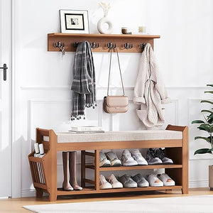 Bamboo Entryway Shoe Storage Bench with Cushion