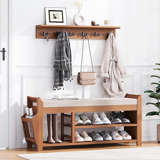 Bamboo Entryway Shoe Storage Bench with Cushion