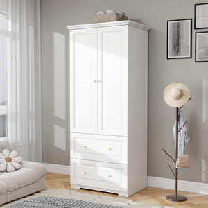 White Wardrobe Closet with 2 Drawers & Hanging Rod