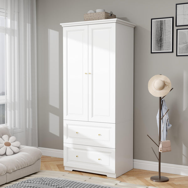White Wardrobe Closet with 2 Drawers & Hanging Rod