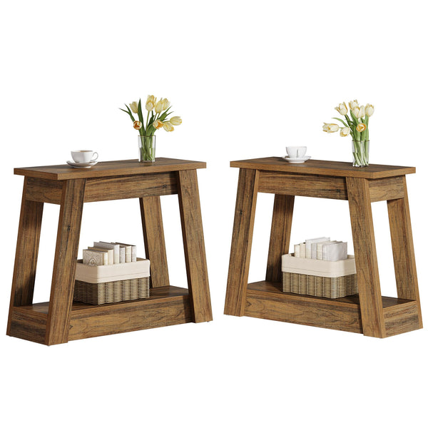 Wood End Table with 2 Storage Shelves