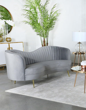 Gray Velvet Channel Tufted Sofa with Inverted Camelback