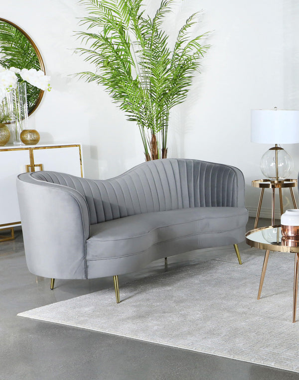 Gray Velvet Channel Tufted Sofa with Inverted Camelback