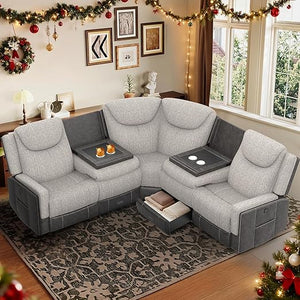Recliner Sectional Sofa with Flip Middle Backrest & Console