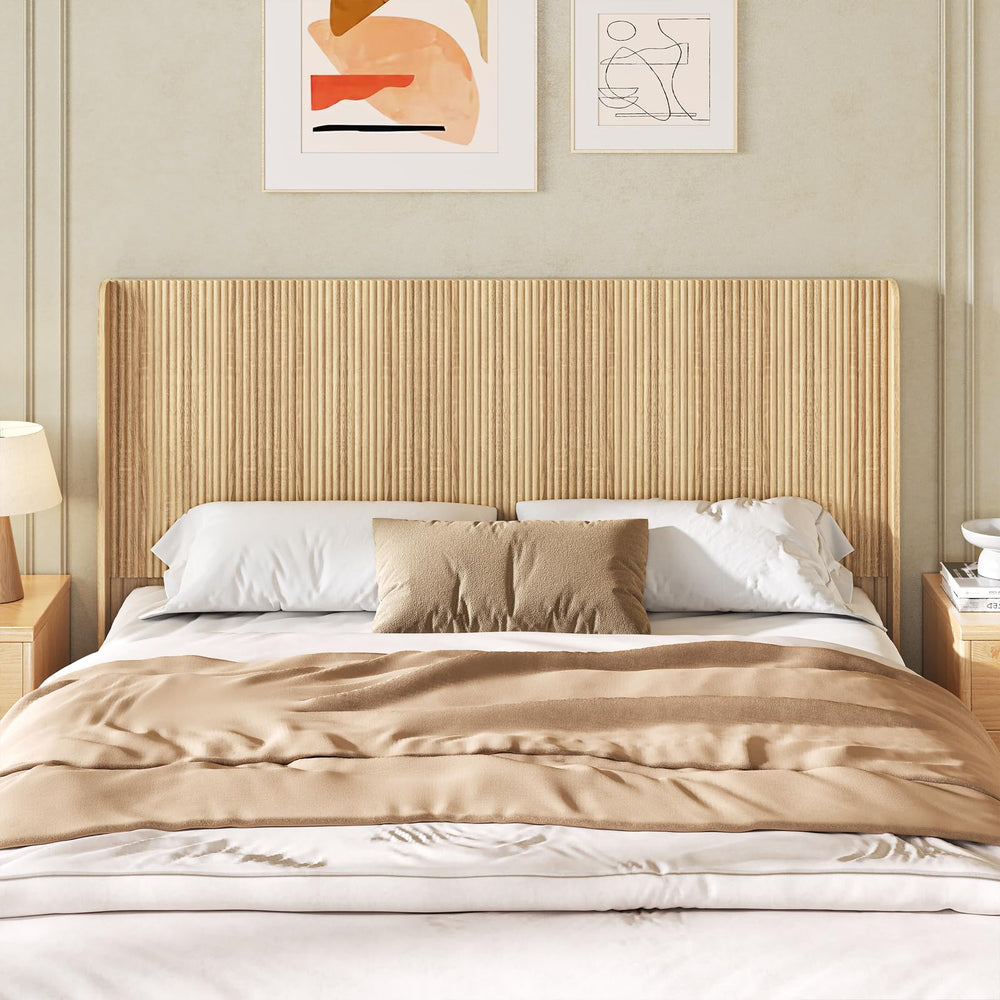 Fluted Wood Queen Headboard – Wall Mount, Wingback, Natural