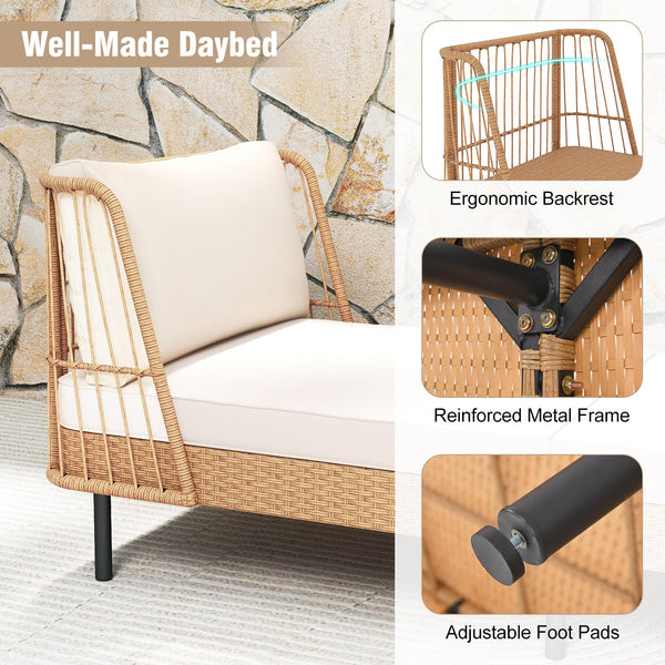 Outdoor PE Rattan Daybed Loveseat with Cushions & Metal Legs
