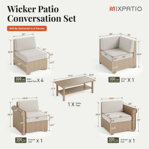 Modular Outdoor Wicker Sectional Sofa Set with Cushions & Coffee Table