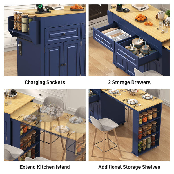 80"-48" Extendable Kitchen Island with Extended Dining Table and Power Outlet,Large Mobile Kitchen Storage Islands with 2 Storage Drawers,Rolling Islands Cart with 3 Extra Rows Open Shelves(Blue)