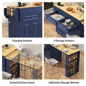 Extendable Kitchen Island Cart with Dining Table & Power Outlet