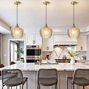 Amber Glass Pendant Light – Adjustable Gold Farmhouse Ceiling Fixture