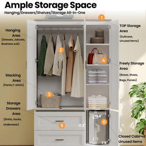 Freestanding Wardrobe Closet with 3 Doors, Hanging Rod & Drawers