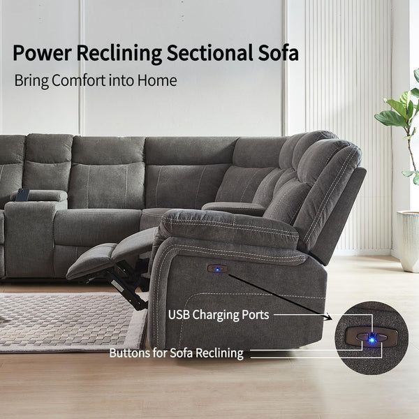 Power Reclining Sectional Sofa with USB Port & Console Storage