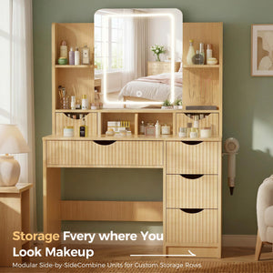 Fluted Vanity Desk with LED Mirror & 6 Drawers