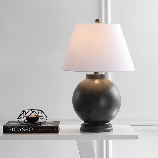 26" Dark Gray Resin Sphere LED Table Lamp with White Linen Drum Shade