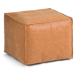 Square Pouf Ottoman – 18" x 14" Vegan Leather, Distressed Brown