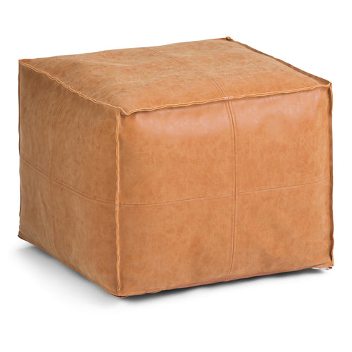 Square Pouf Ottoman – 18" x 14" Vegan Leather, Distressed Brown