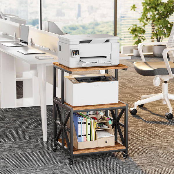 Printer Stand with Lockable Wheels & 3-Tier Storage Shelf