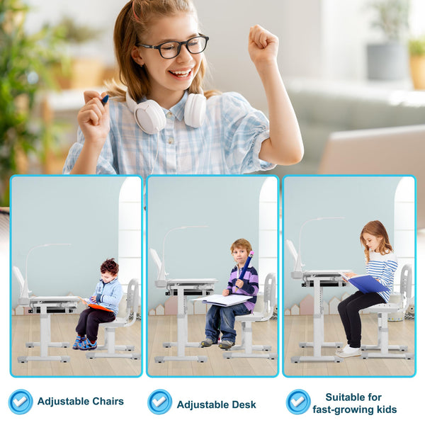 Kids Height-Adjustable Desk & Chair Set with LED Lamp