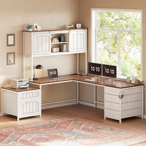 L-Shaped Office Desk with Hutch, 6 Drawers & Power Outlet – Farmhouse Corner Desk