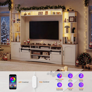 101" Wall Unit Entertainment Center with LED & Sliding Doors – White