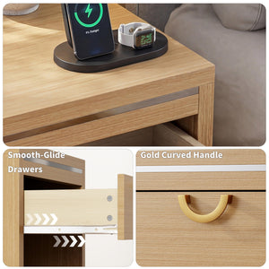 Nightstand Set of 2 with Drawer & Open Shelf, Natural Oak, 25" Tall